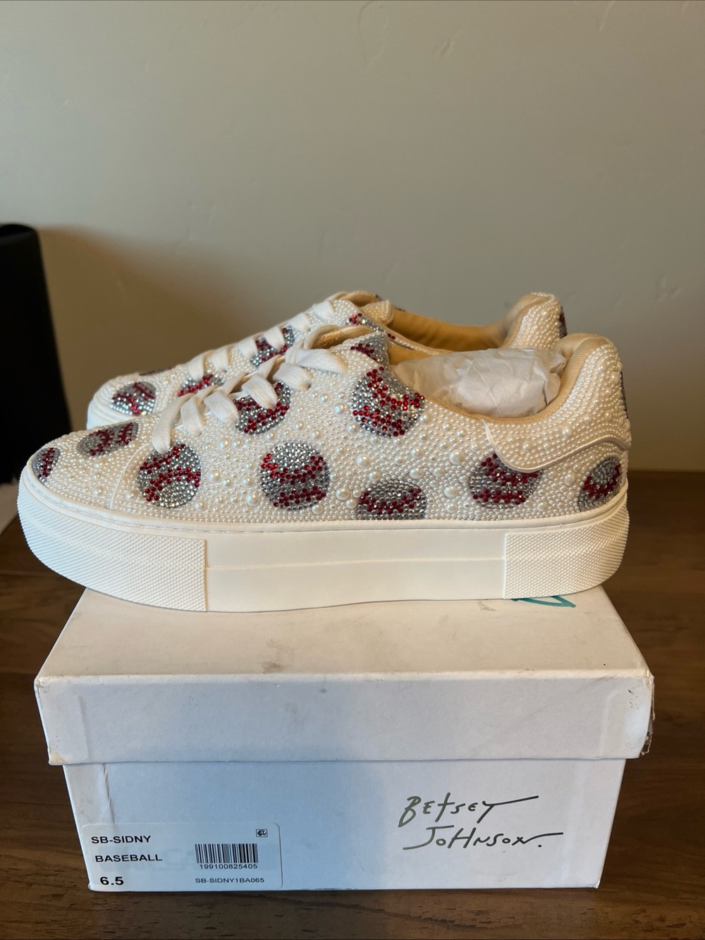Betsey Johnson SB-Sidny White Baseball Platform Sneakers - Picture 3 of 6